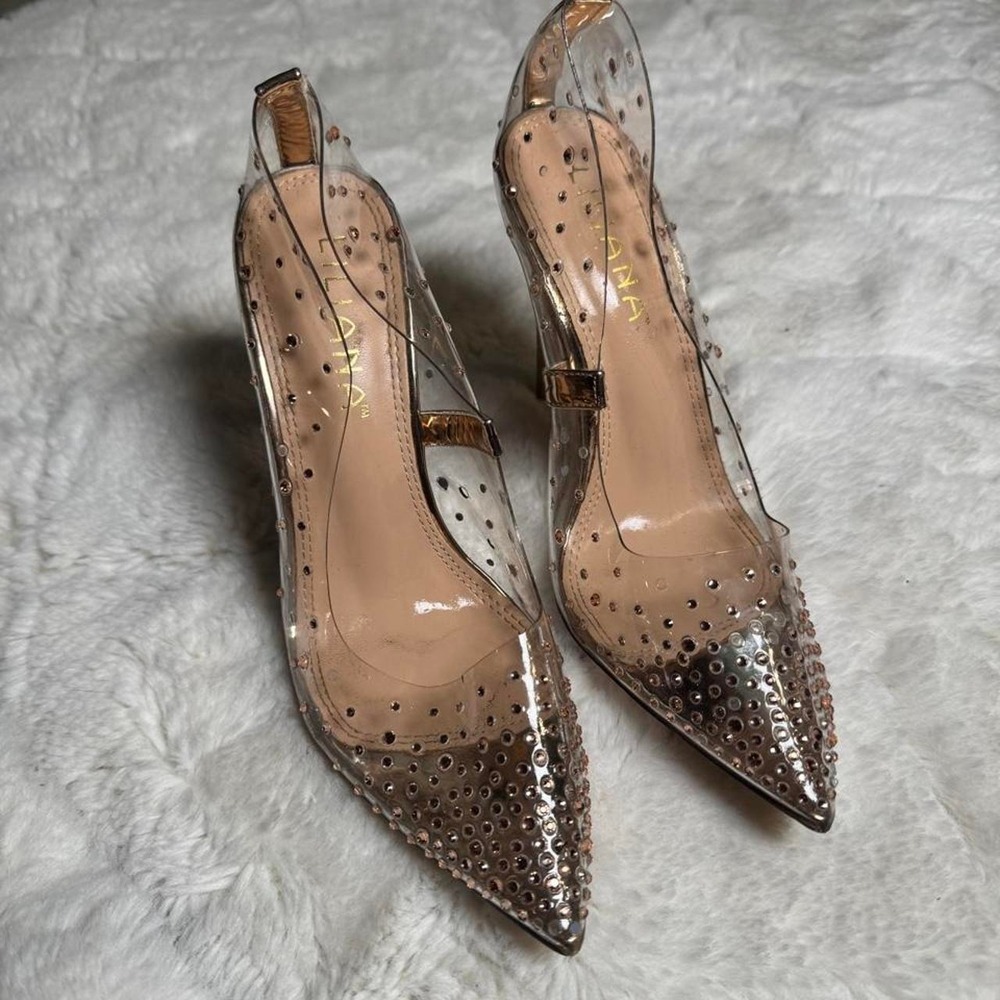 Liliana Clear Rose Gold Studded Pointed Toe Stiletto Pumps Heels Womens 7